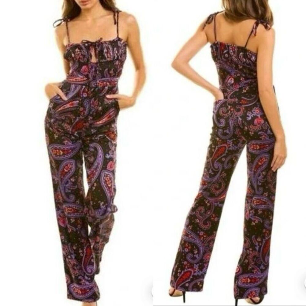 NWT Danielle Bernstein WeWoreWhat Black Paisley Pull-on Jumpsuit Jumper Size 2